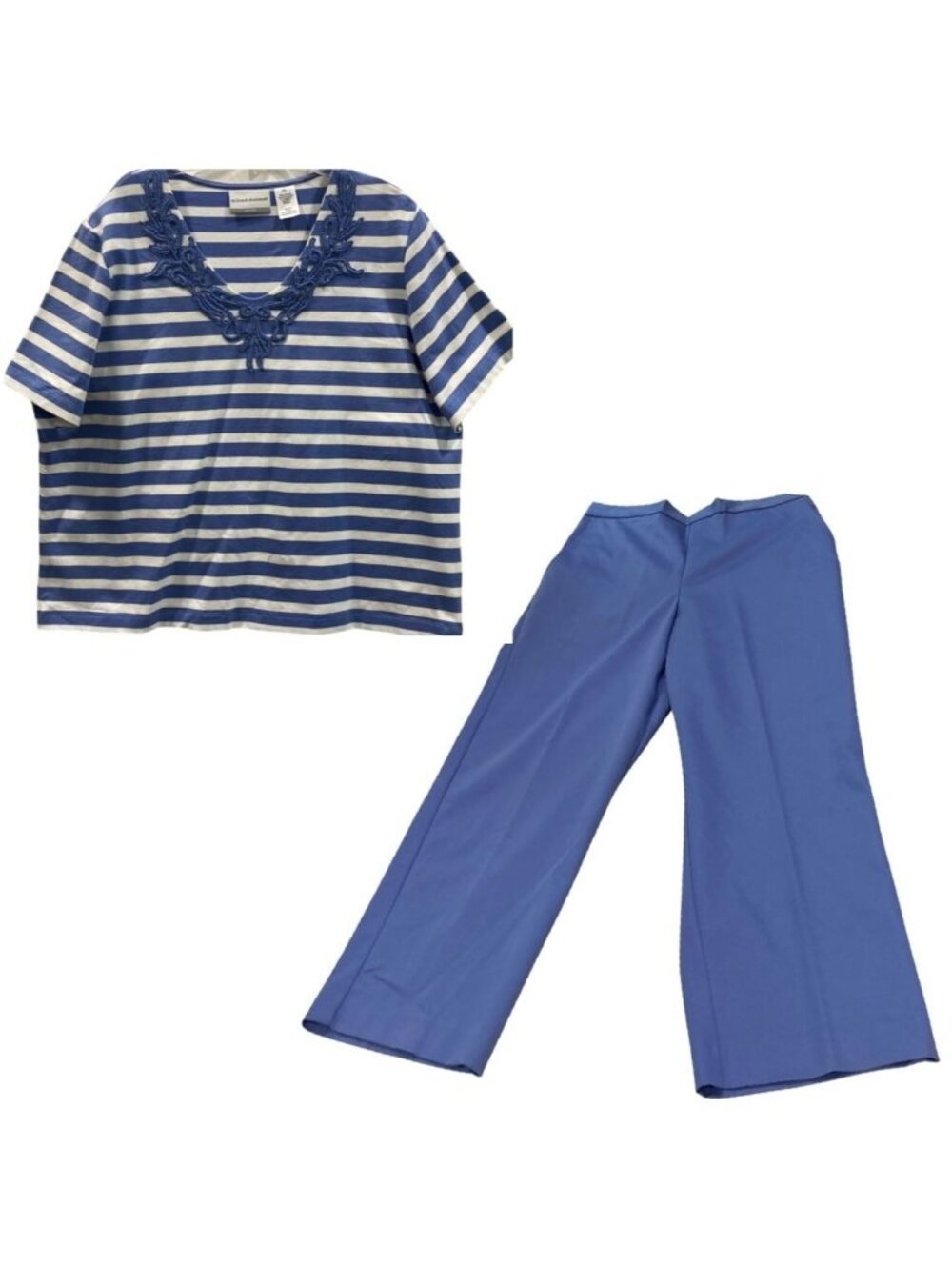 Alfred Dunner Embroidered Striped Top and Pant Set 14P Blue Sailor Chic Nautical